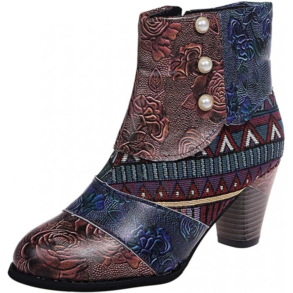 Women Embossed Floral Leather Ankle Boots Multi Color Boho Pearl Detail